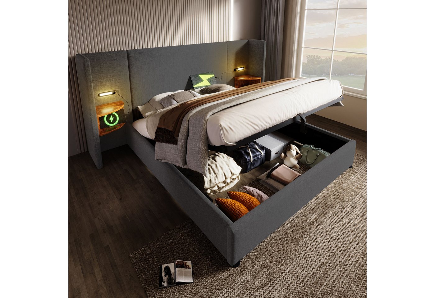 MODFU Polsterbett Doppelbett mit Nachttisch (Struraumbett, Doppelbett, Funktionsbett, 2-tlg., 160×200cm, mit Matratze), mit Nachttisch, Leselampe und USB Type-C Ladefunktion von MODFU