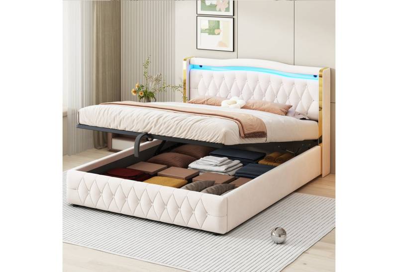 MODFU Polsterbett Doppelbett mit hydraulischem Stauraum (Bett in Samt Beige oder Schwarz, mit Lattenrost, 160*200cm), ohne Matratze von MODFU