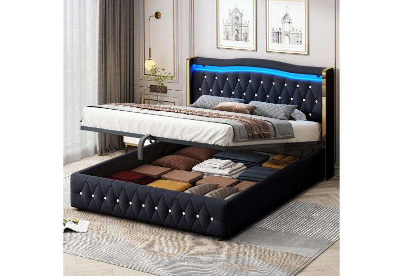 MODFU Polsterbett Doppelbett mit hydraulischem Stauraum (Bett in Samt Beige oder Schwarz, mit Lattenrost, 160*200cm), ohne Matratze von MODFU