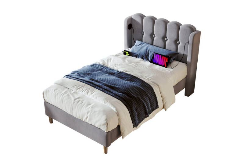 MODFU Polsterbett Einzelbett mit USB Typ C Ladefunktion (90 x 200 cm Bettgestell Massivholzbett, Bettrahmen Jugendbett), Samt von MODFU