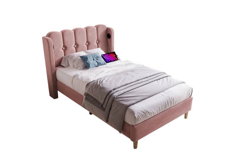 MODFU Polsterbett Einzelbett mit USB Typ C Ladefunktion (90 x 200 cm Bettgestell Massivholzbett, Bettrahmen Jugendbett), Samt von MODFU