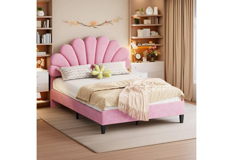 MODFU Polsterbett Funktionsbett (mit Blumen-Kopfteil & Lattenrost, Hautfreundliches Samtbett, Doppelbett 140x200 cm), Inklusive Matratze von MODFU