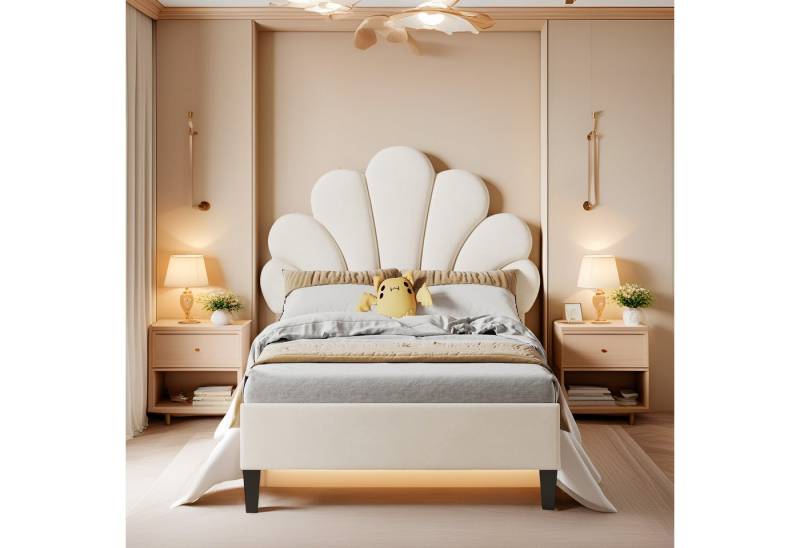 MODFU Polsterbett Funktionsbett (mit Blumen-Kopfteil & Lattenrost, Hautfreundliches Samtbett, Kinderbett 90x200 cm), Inklusive Matratze von MODFU