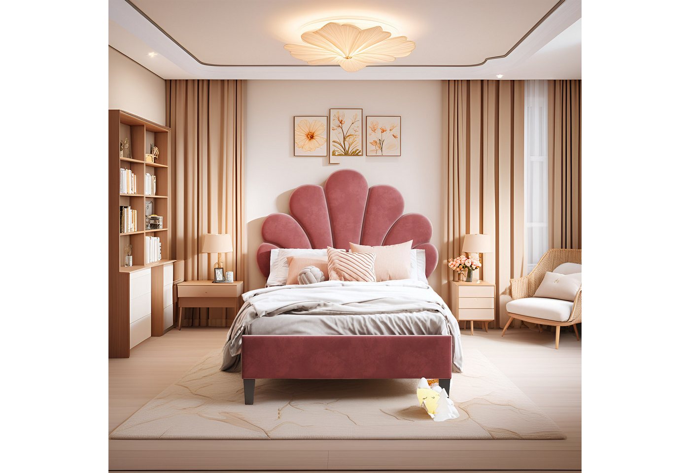 MODFU Polsterbett Funktionsbett (mit Blumen-Kopfteil & Lattenrost, Hautfreundliches Samtbett, Kinderbett 90x200 cm), Inklusive Matratze von MODFU