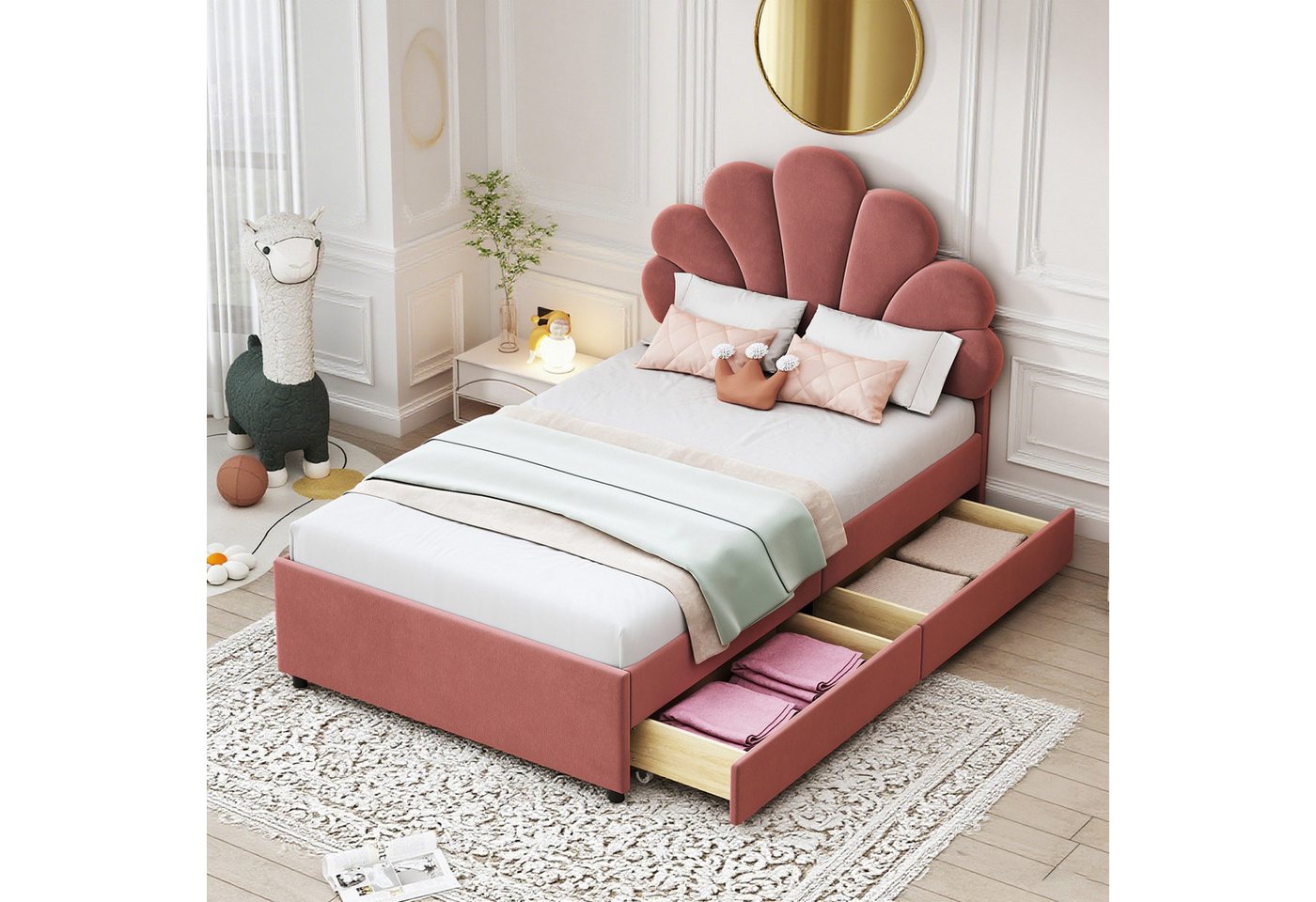 MODFU Polsterbett Funktionsbett (mit Lattenrost & Blütenkopfteil, Samtstoff Doppelbett mit 4 Aufbewahrungsschubladen, 90x200cm), Inklusive Matratze von MODFU
