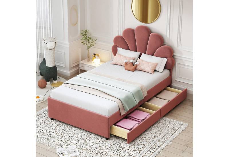 MODFU Polsterbett Funktionsbett (mit Lattenrost & Blütenkopfteil, Samtstoff Doppelbett mit 4 Aufbewahrungsschubladen, 90x200cm), Ohne Matratze von MODFU