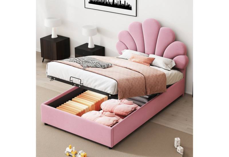 MODFU Polsterbett Funktionsbett (mit geblümtem Kopfteil, hydraulischem Stauraum und Lattenrost, Samtstoff Kinderbett mit höhenverstellbarem Kopfteil, 90x200 cm), Inklusive Matratze von MODFU