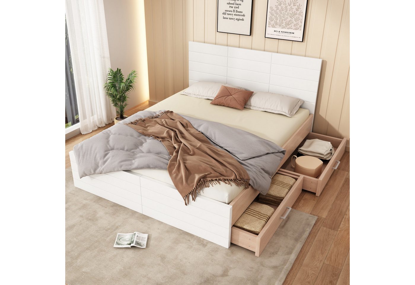 MODFU Polsterbett Funktionsbett Doppelbett (Stauraumbett, 1-tlg., 160×200cm, ohne Matratze), mit 2 Schubladen, Texturdesign von Kopf- und Fußteil von MODFU