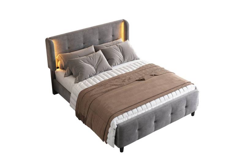MODFU Polsterbett Funktionsbett Doppelbett Gästebett, Schlafzimmer-Set (mit 16-farbiger LED-Leisten an den Seitenohren, Gesteppte Kopf- und Fußteil, Bettkopf in drei Höhen verstellbar), Ohne Matratze von MODFU
