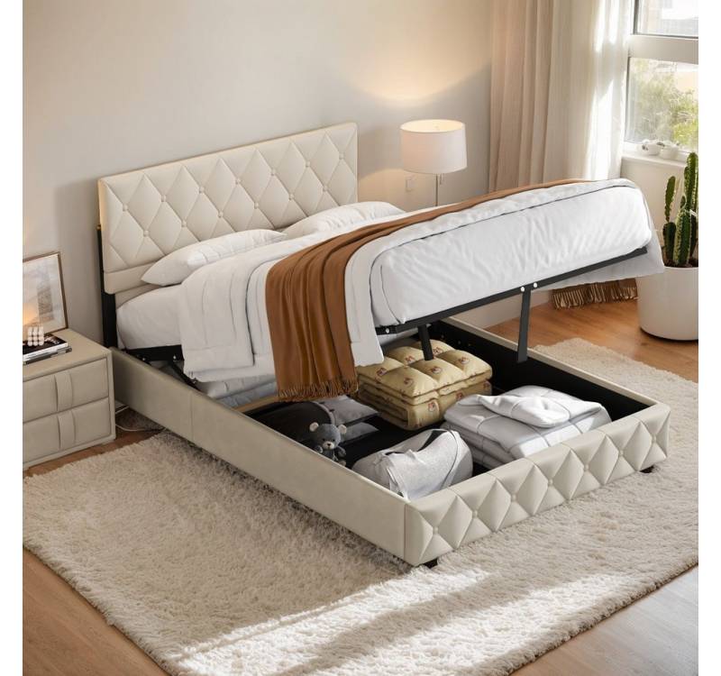 MODFU Polsterbett Funktionsbett Stauraumbett (Strapazierfähig und schmutzabweisend,elastische Polsterung, 140 x 200 cm ohne Matratze), Lattenrost, schlichtes Design von MODFU