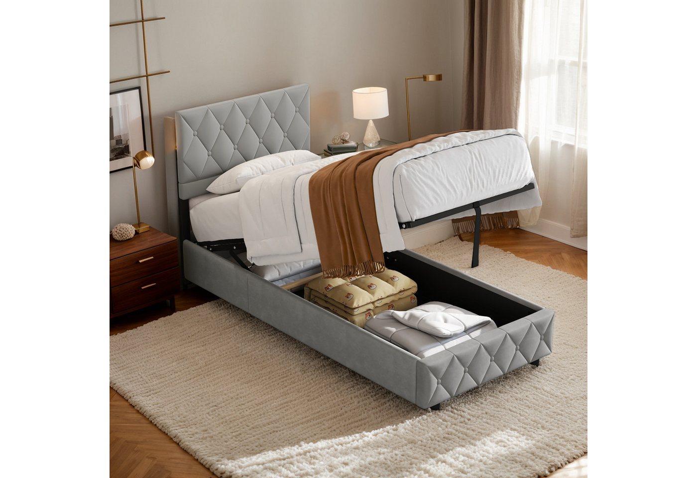 MODFU Polsterbett Funktionsbett Stauraumbett (Strapazierfähig und schmutzabweisend,elastische Polsterung, 90 x 190 cm ohne Matratze), Lattenrost, schlichtes Design von MODFU