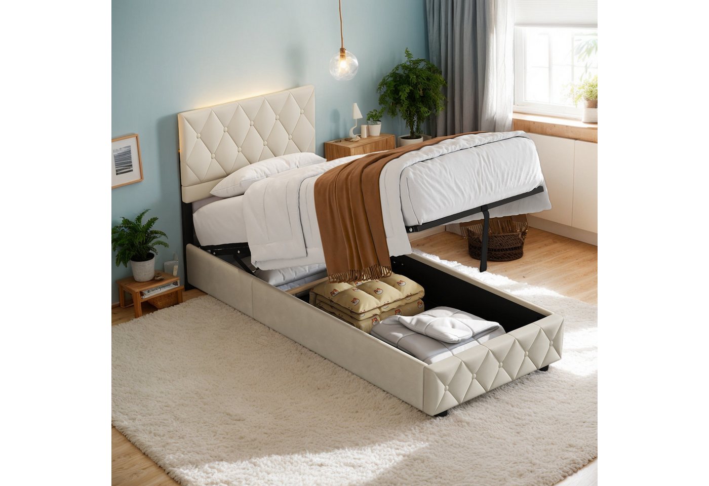 MODFU Polsterbett Funktionsbett Stauraumbett (Strapazierfähig und schmutzabweisend,elastische Polsterung, 90 x 200 cm Inklusive Matratze), Lattenrost, schlichtes Design von MODFU