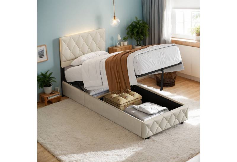 MODFU Polsterbett Funktionsbett Stauraumbett (Strapazierfähig und schmutzabweisend,elastische Polsterung, 90 x 200 cm ohne Matratze), Lattenrost, schlichtes Design von MODFU