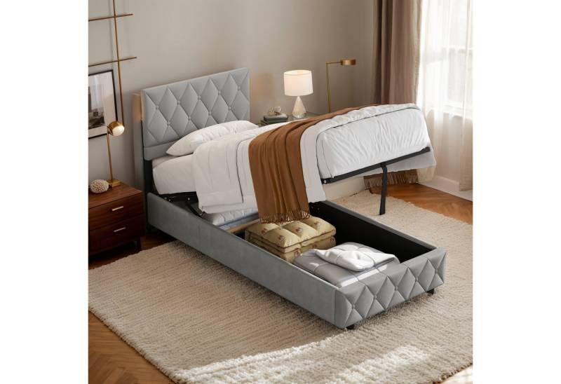 MODFU Polsterbett Funktionsbett Stauraumbett (Strapazierfähig und schmutzabweisend,elastische Polsterung, 90 x 200 cm ohne Matratze), Lattenrost, schlichtes Design von MODFU