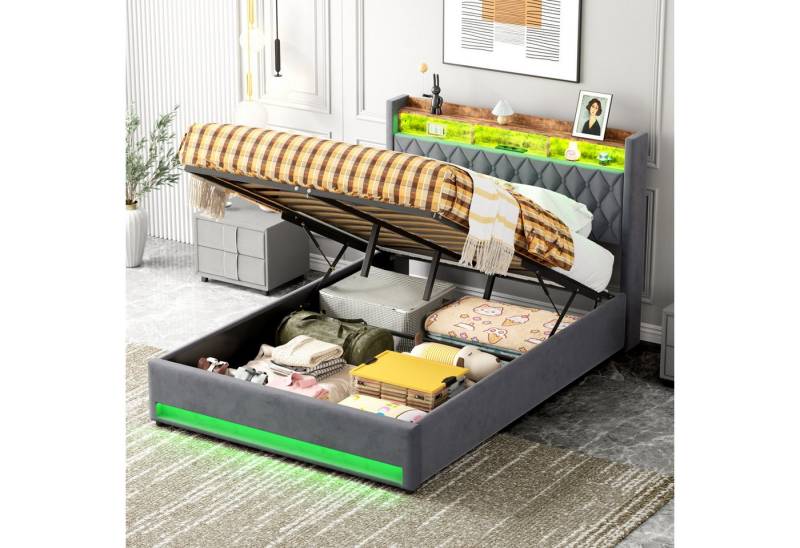 MODFU Polsterbett Funktionsbett Stauraumbett Gästebett (Stilvolles Polsterbett Dunkelgrau aus hochwertigem holländischen Samt mit hochelastischem Schaumstoff, 1-tlg., 140*190), Mit LED-Lichtleiste und USB-Aufladung von MODFU