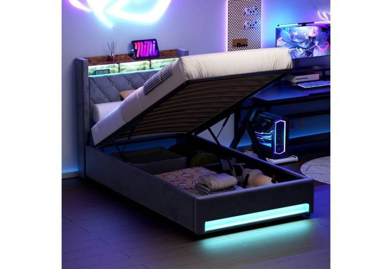 MODFU Polsterbett Funktionsbett Stauraumbett Gästebett (Stilvolles Polsterbett Dunkelgrau aus hochwertigem holländischen Samt mit hochelastischem Schaumstoff, 1-tlg., 90*200), Mit LED-Lichtleiste und USB-Aufladung von MODFU