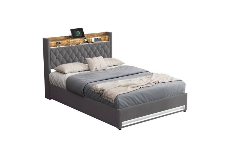 MODFU Polsterbett Funktionsbett Stauraumbett Gästebett (Stilvolles Polsterbett Dunkelgrau aus hochwertigem holländischen Samt mit hochelastischem Schaumstoff, 140*190), Mit LED-Lichtleiste und USB-Aufladung von MODFU