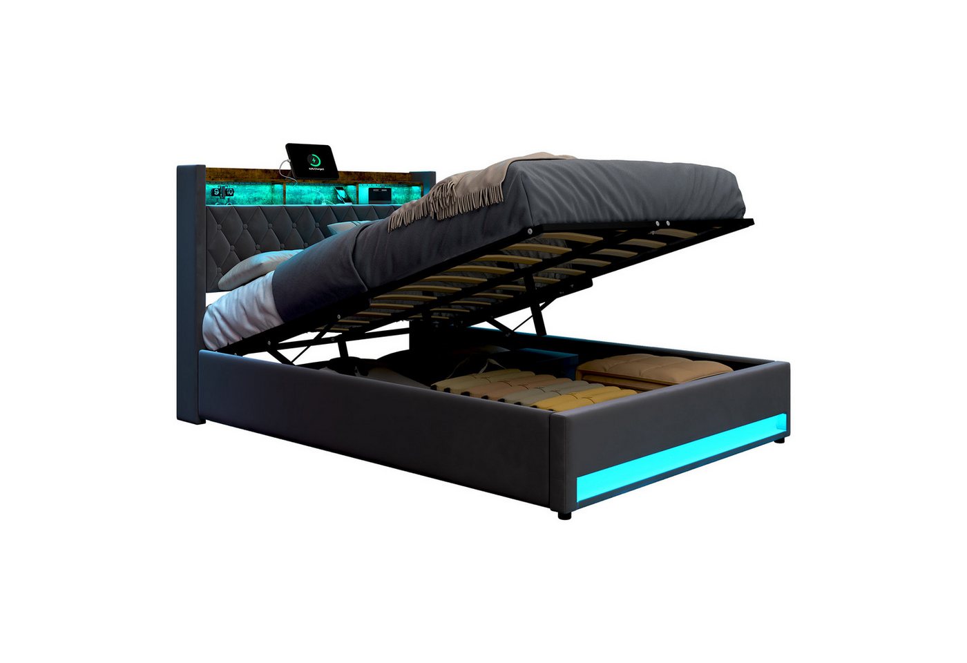 MODFU Polsterbett Funktionsbett Stauraumbett Gästebett (Stilvolles Polsterbett Dunkelgrau aus hochwertigem holländischen Samt mit hochelastischem Schaumstoff, 140*200), Mit LED-Lichtleiste und USB-Aufladung von MODFU