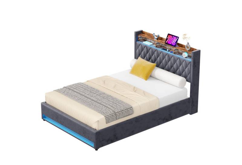 MODFU Polsterbett Funktionsbett Stauraumbett Gästebett (Stilvolles Polsterbett Dunkelgrau aus hochwertigem holländischen Samt mit hochelastischem Schaumstoff, 140*200), Mit LED-Lichtleiste und USB-Aufladung von MODFU