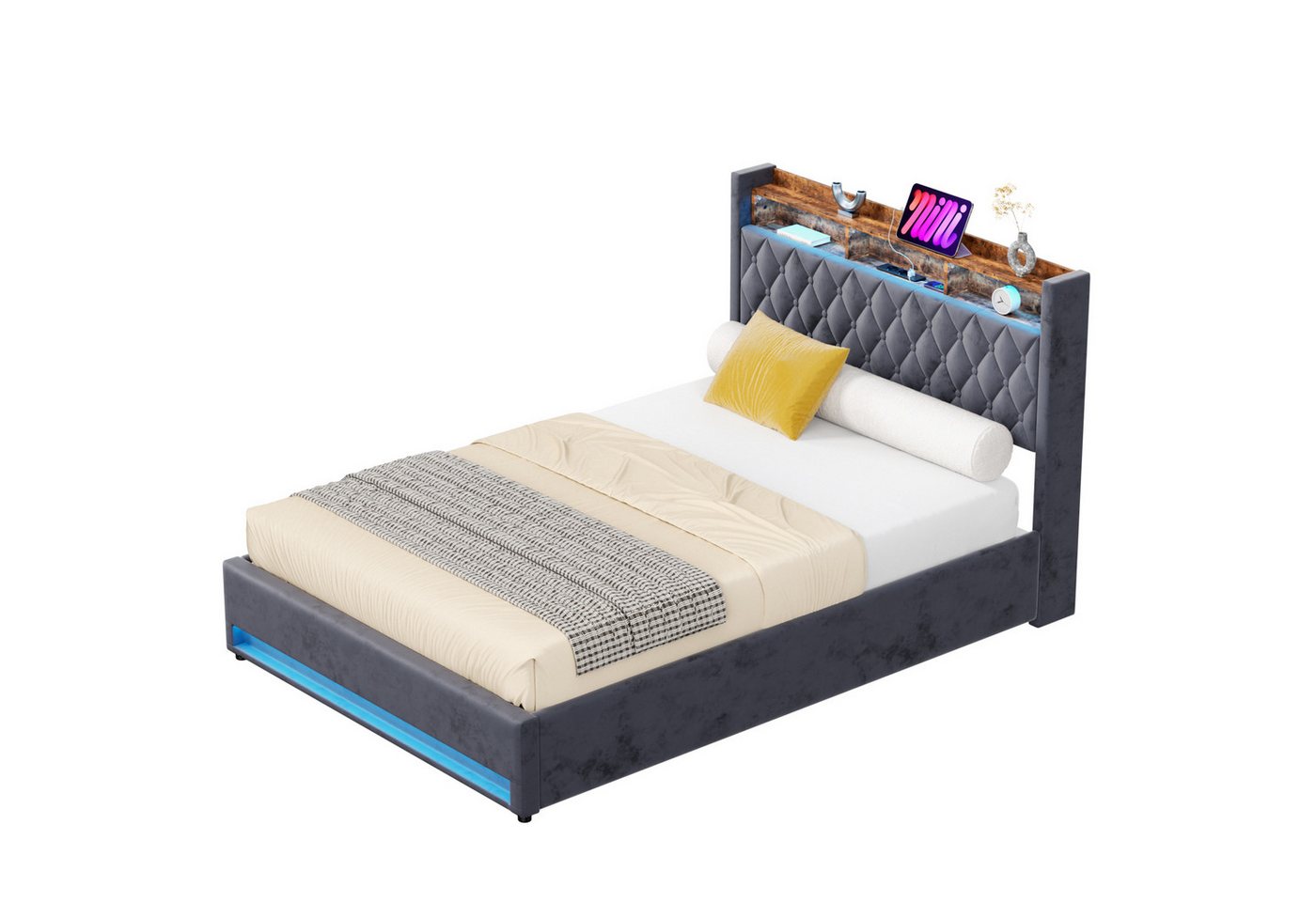 MODFU Polsterbett Funktionsbett Stauraumbett Gästebett (Stilvolles Polsterbett Dunkelgrau aus hochwertigem holländischen Samt mit hochelastischem Schaumstoff, 140*200), Mit LED-Lichtleiste und USB-Aufladung von MODFU