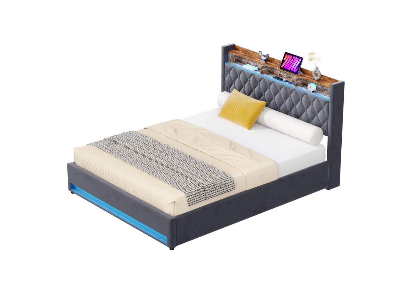 MODFU Polsterbett Funktionsbett Stauraumbett Gästebett (Stilvolles Polsterbett Dunkelgrau aus hochwertigem holländischen Samt mit hochelastischem Schaumstoff, 160*200), Mit LED-Lichtleiste und USB-Aufladung von MODFU