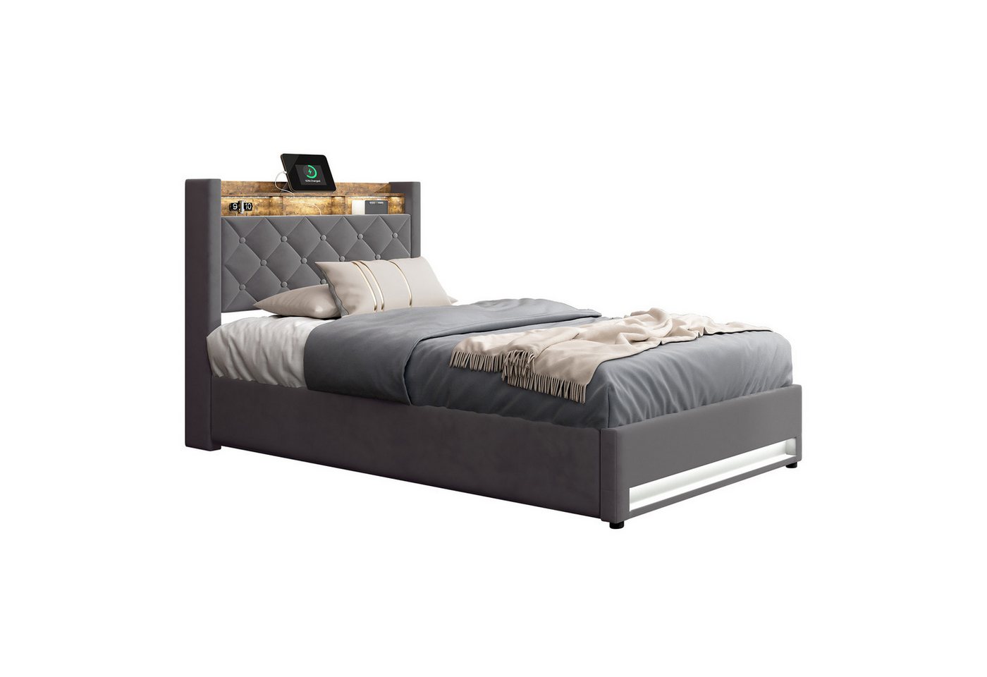 MODFU Polsterbett Funktionsbett Stauraumbett Gästebett (Stilvolles Polsterbett Dunkelgrau aus hochwertigem holländischen Samt mit hochelastischem Schaumstoff, 90*190), Mit LED-Lichtleiste und USB-Aufladung von MODFU