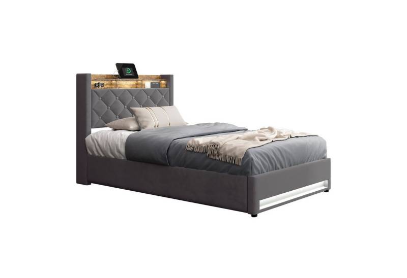 MODFU Polsterbett Funktionsbett Stauraumbett Gästebett (Stilvolles Polsterbett Dunkelgrau aus hochwertigem holländischen Samt mit hochelastischem Schaumstoff, 90*190), Mit LED-Lichtleiste und USB-Aufladung von MODFU