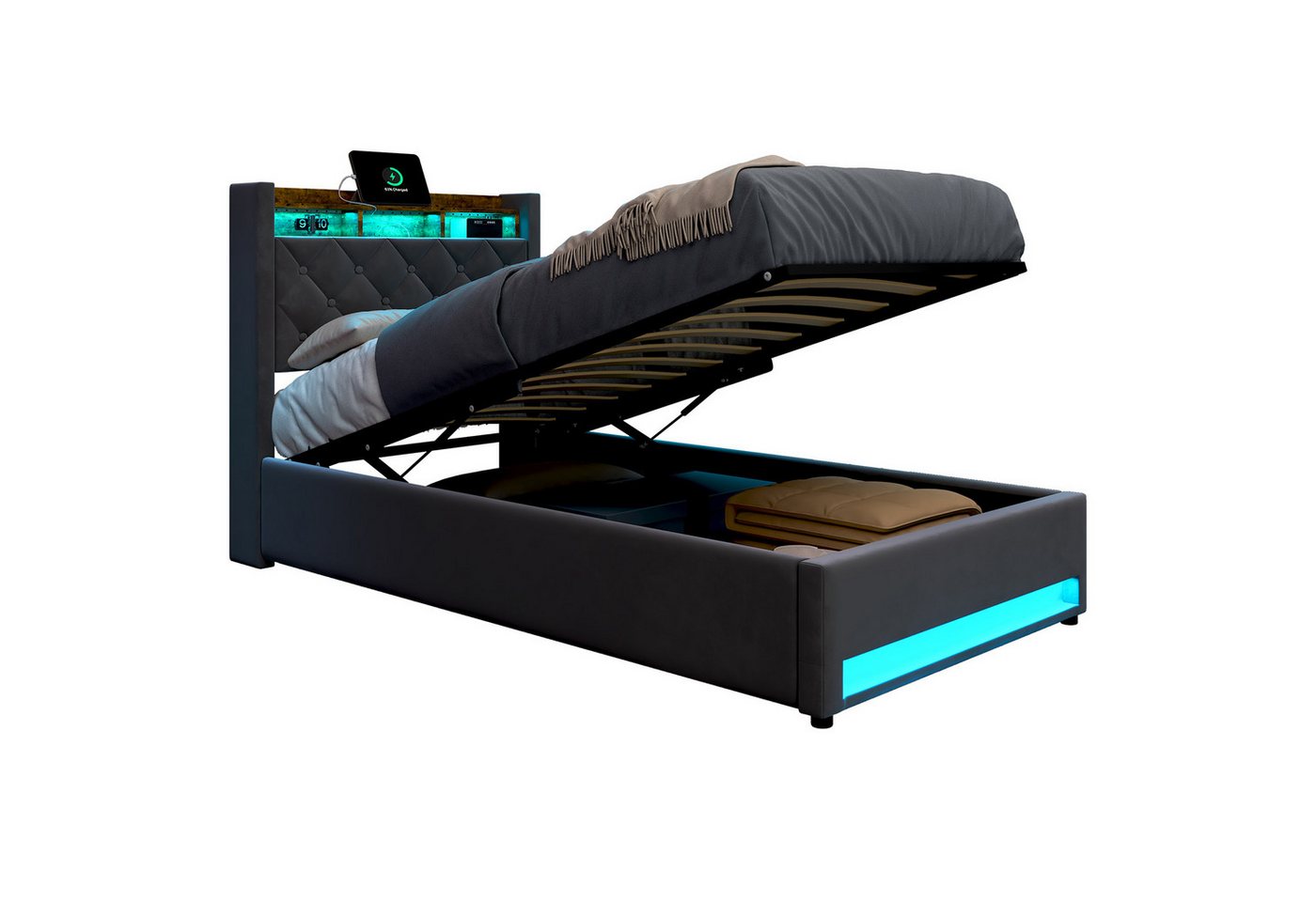 MODFU Polsterbett Funktionsbett Stauraumbett Gästebett (Stilvolles Polsterbett Dunkelgrau aus hochwertigem holländischen Samt mit hochelastischem Schaumstoff, 90*200), Mit LED-Lichtleiste und USB-Aufladung von MODFU