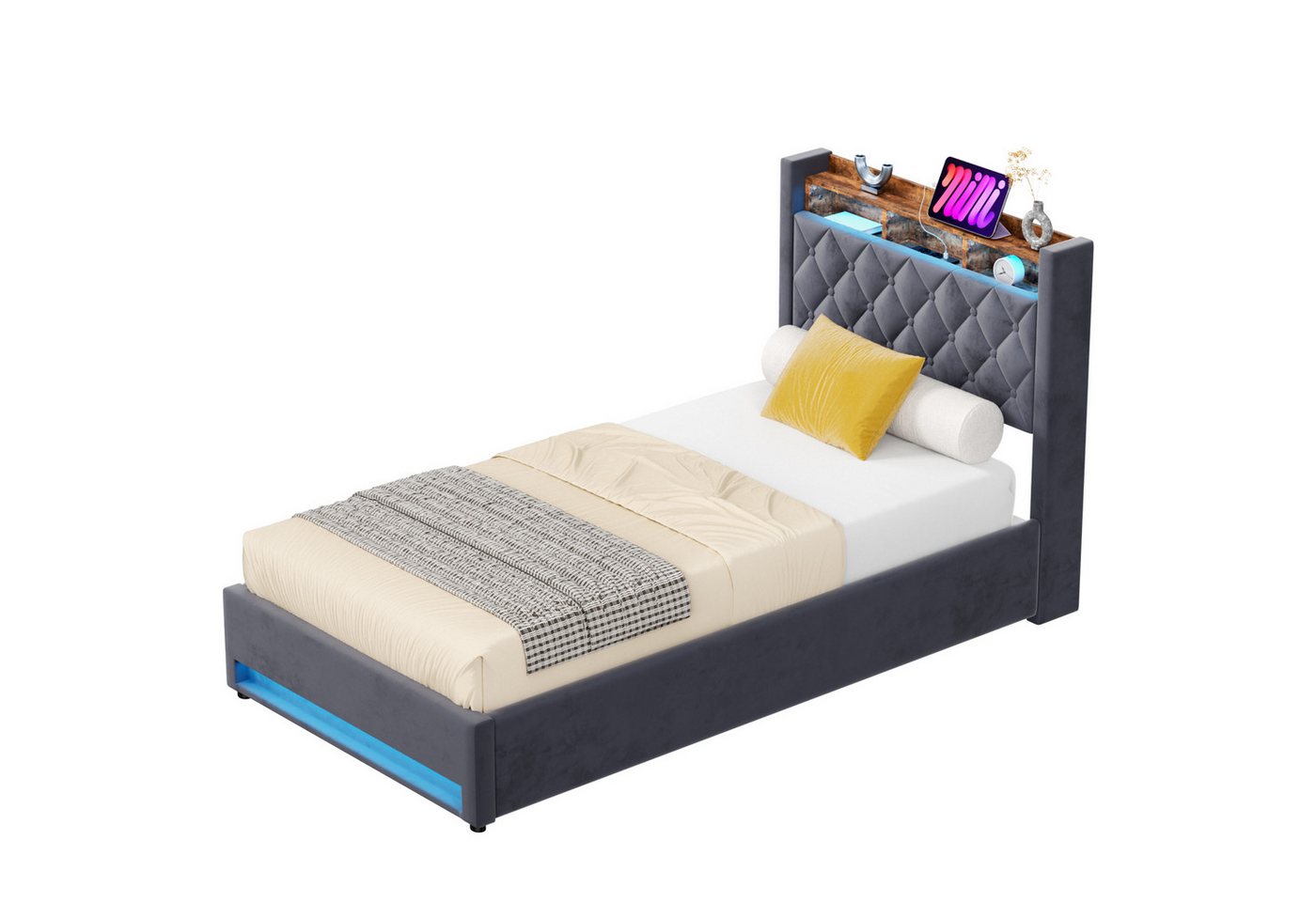MODFU Polsterbett Funktionsbett Stauraumbett Gästebett (Stilvolles Polsterbett Dunkelgrau aus hochwertigem holländischen Samt mit hochelastischem Schaumstoff, 90*200), Mit LED-Lichtleiste und USB-Aufladung von MODFU