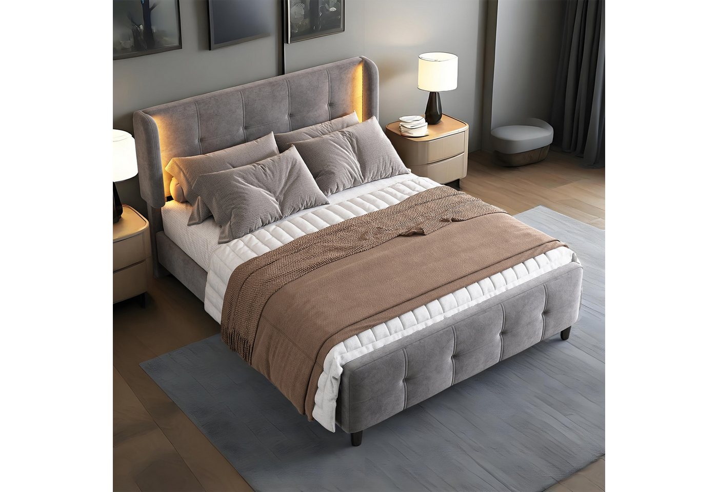 MODFU Polsterbett Funktionsbett mit 16-Farbiger LED-Beleuchtung, Verstellbarem Kopfteil (Doppelbett, Gesteppte Kopf- und Fußteil, Samtbezug, Stabiler Lattenrost, 140x200cm), Inklusive Matratze von MODFU