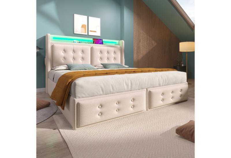 MODFU Polsterbett Gästebett Jugendbett (stilvolles LED-Bett, 1-tlg., 160x200cm, ohne Matratze, Beige), mit LED-Beleuchtung, USB- und Typ-C-Ladeanschluss von MODFU