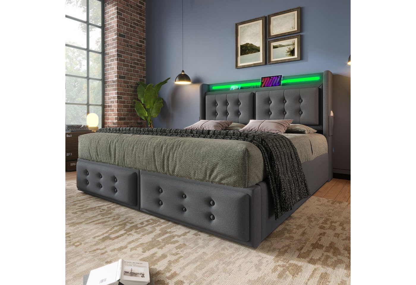 MODFU Polsterbett Gästebett Jugendbett (stilvolles LED-Bett, 1-tlg., 160x200cm, ohne Matratze,Grau), mit LED-Beleuchtung, USB- und Typ-C-Ladeanschluss von MODFU