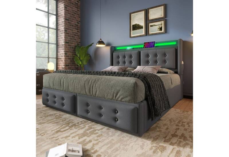 MODFU Polsterbett Gästebett Jugendbett (stilvolles LED-Bett, 1-tlg., 160x200cm, ohne Matratze,Grau), mit LED-Beleuchtung, USB- und Typ-C-Ladeanschluss von MODFU