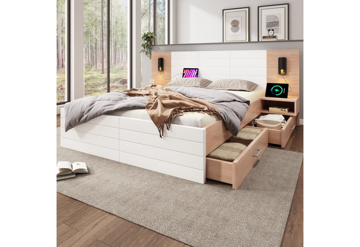 MODFU Polsterbett Holzbett Funktionsbett (Doppelbett, Holzbett, 1-tlg., 140×200cm, Ohne Matratze), mit 2 Schubladen, 2 Nachtkommode, Leselicht&USB Ladefunktion von MODFU