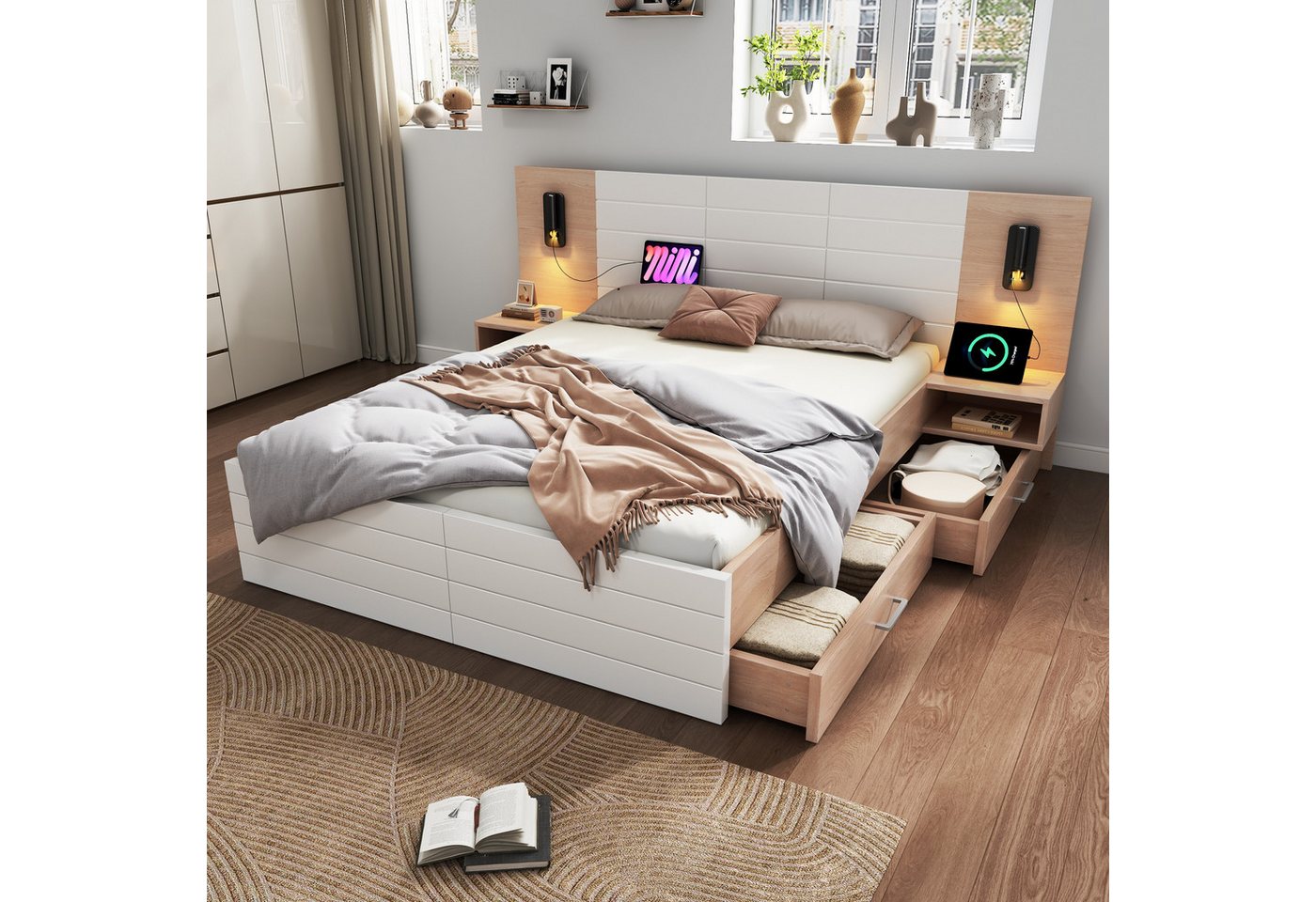 MODFU Polsterbett Holzbett Funktionsbett (Doppelbett, Holzbett, 1-tlg., 160×200cm, Ohne Matratze), mit 2 Schubladen, 2 Nachtkommode, Leselicht&USB Ladefunktion von MODFU