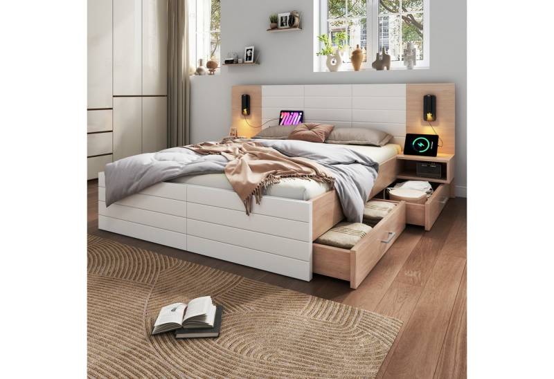 MODFU Polsterbett Holzbett Funktionsbett (Doppelbett, Holzbett, 1-tlg., 180×200cm, Ohne Matratze), mit 2 Schubladen, 2 Nachtkommode, Leselicht&USB Ladefunktion von MODFU