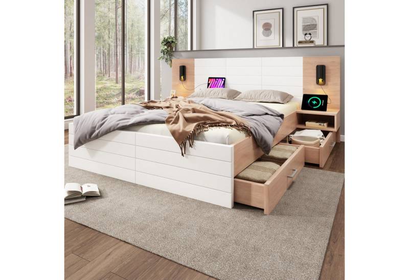 MODFU Polsterbett Holzbett Funktionsbett (Doppelbett, Holzbett, 2-tlg., 160×200cm, mit Matratze), mit 2 Schubladen, 2 Nachtkommode, Leselicht&USB Ladefunktion von MODFU