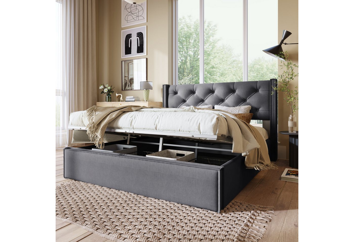 MODFU Polsterbett Hydraulisches (160x200cm,Bett mit Lattenrost aus Metallrahmen ohne Matratze) von MODFU