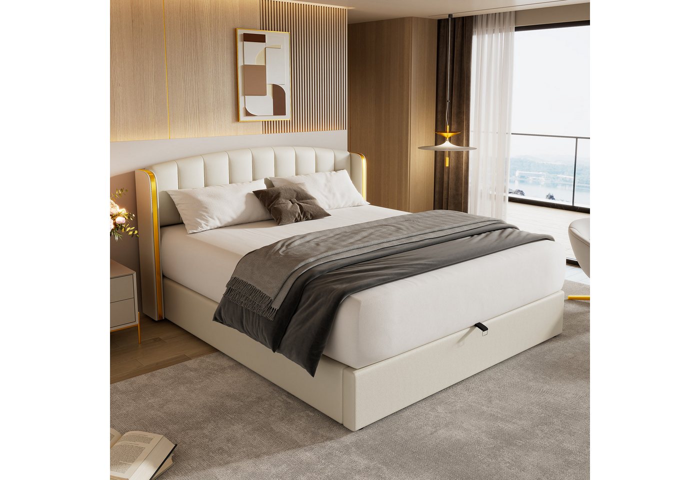 MODFU Polsterbett Hydraulisches Bett (180*200cm), mit goldgerandetes Ohrendesign, Bettkasten, Lattenrost und Kopfteil von MODFU
