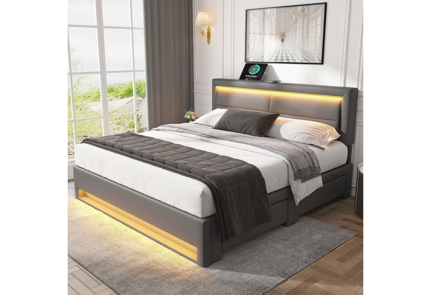 MODFU Polsterbett mit LED-Beleuchtung, USB-Anschluss und Kabellos Ladepad (Stahlrahmen mit Bettstauraum 4 Schubladen und Holz-Lattenrost, 140x200 cm Ohne Matratze), Kunstleder, höhenverstellbar Kopfteil von MODFU