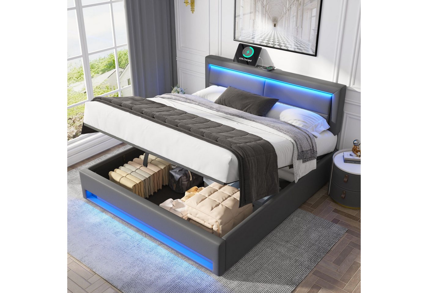 MODFU Polsterbett mit LED-Beleuchtung, USB-Anschluss und Kabellos Ladepad (Stahlrahmen mit Hydraulisch anhebbarer Bettstauraum Holz-Lattenrost, 140x200 cm Ohne Matratze), Kunstleder, höhenverstellbar Kopfteil von MODFU