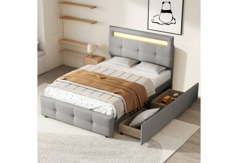 MODFU Polsterbett Kinderbett (mit LED-Licht & zwei Schubladen, Leinen 90×200 cm), Ohne Matratze von MODFU