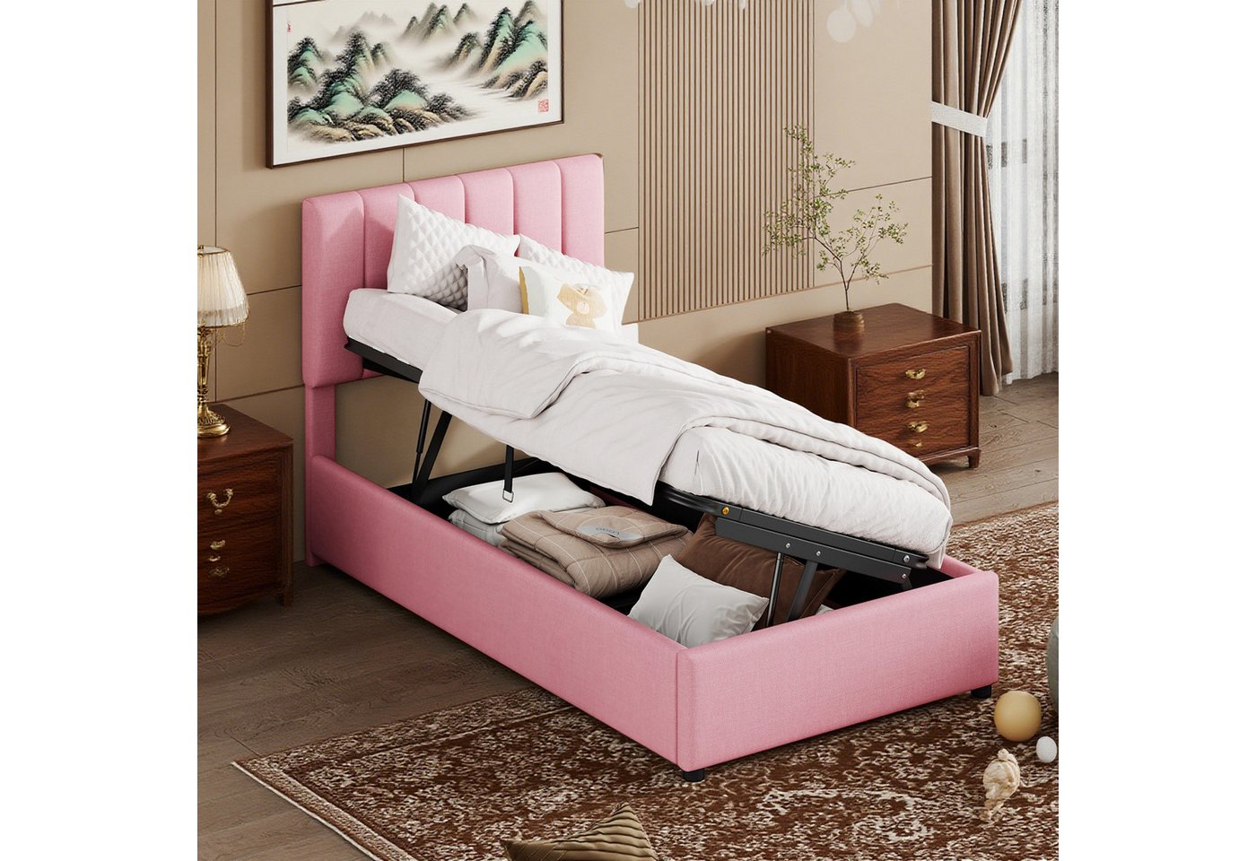 MODFU Polsterbett Kinderbett (mit hydraulischem Stauraum, Verstellbares Kopfteil aus Leinenstoff, 90x200 cm), ohne Matratze von MODFU