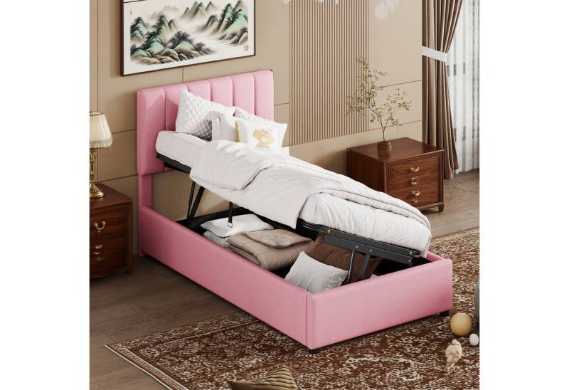 MODFU Polsterbett Kinderbett (mit hydraulischem Stauraum, Verstellbares Kopfteil aus Leinenstoff, 90x200 cm), ohne Matratze von MODFU