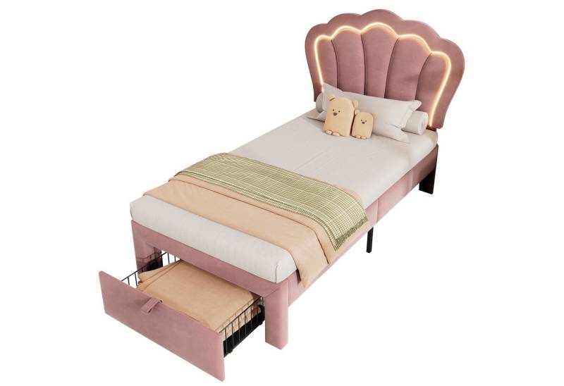 MODFU Polsterbett Kinderbett Jugendbett (Einzelbett, ohne Matratze,90 x 200cm), mit Schubladen, verstellbarem Kopfteil und APP-gesteuerter LED von MODFU