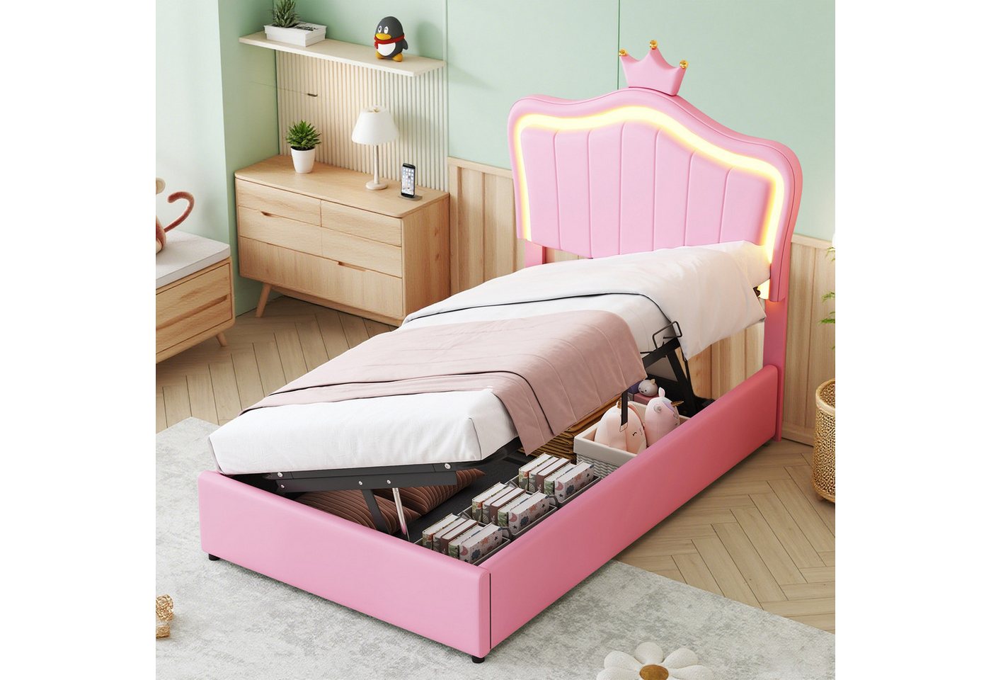 MODFU Polsterbett Kinderbett mit LED-Lichtern (Krone-Design mit Stauraum, Höhenverstellbares Kopfteil, Hydraulisches Stauraumbett mit Lattenrost, 90x200 cm), Inklusive Matratze von MODFU