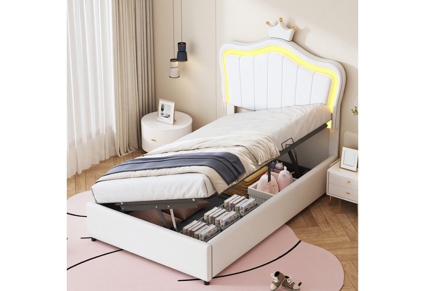 MODFU Polsterbett Kinderbett mit LED-Lichtern (Krone-Design mit Stauraum, Höhenverstellbares Kopfteil, Hydraulisches Stauraumbett mit Lattenrost, 90x200 cm), Inklusive Matratze von MODFU