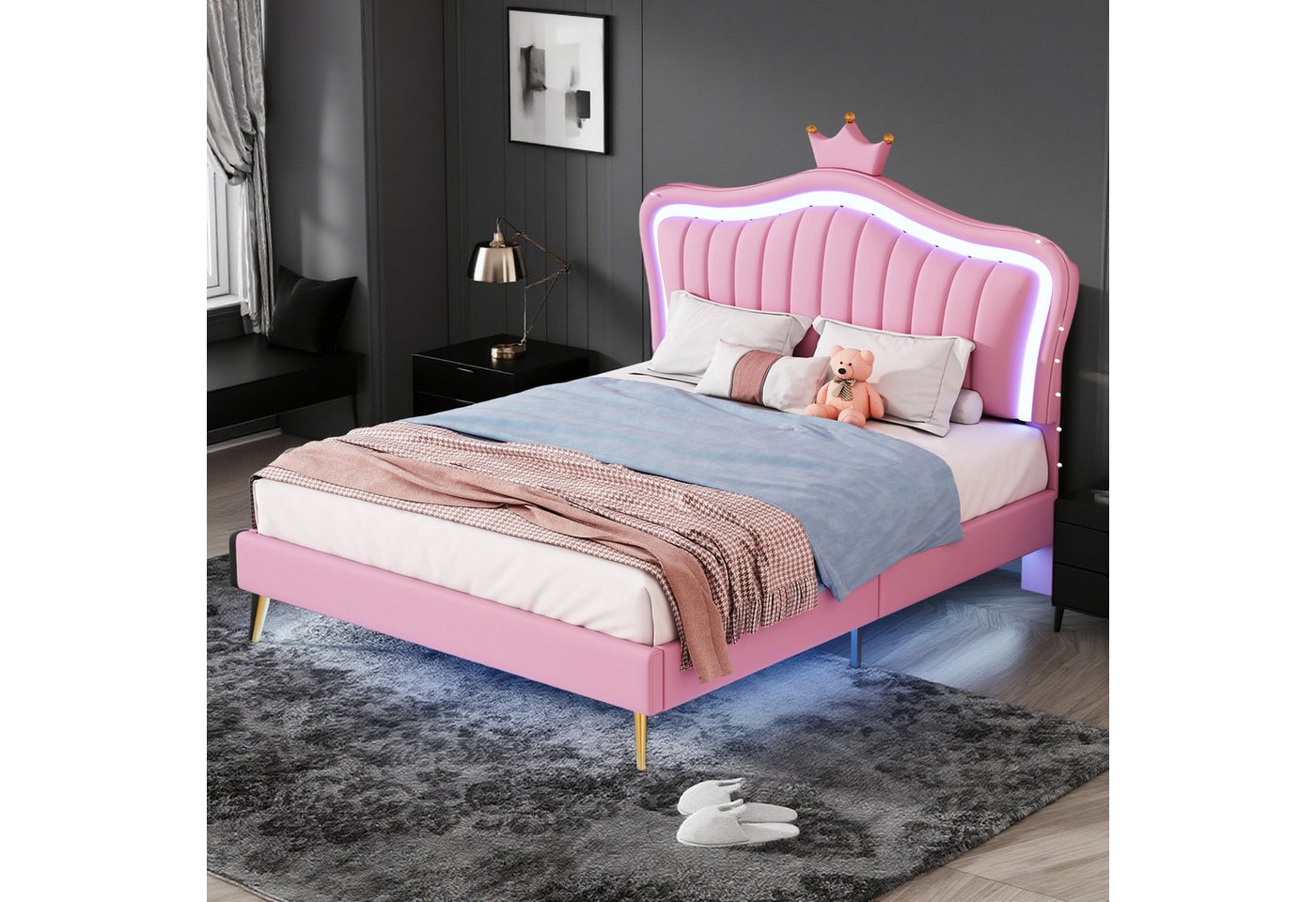 MODFU Polsterbett Kinderbett mit LED-Lichtern (mit Krone & Muschel-Design, Lattenrost & Verstellbare Rückenlehne, 140x200 cm), Inklusive Matratze von MODFU