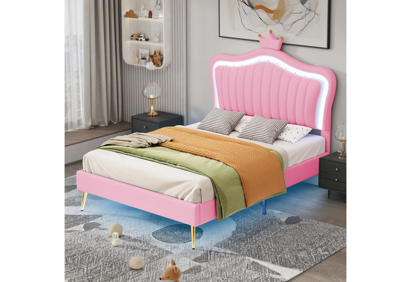 MODFU Polsterbett Kinderbett mit LED-Lichtern (mit Krone & Muschel-Design, Lattenrost & Verstellbare Rückenlehne, 90x200 cm), Inklusive Matratze von MODFU