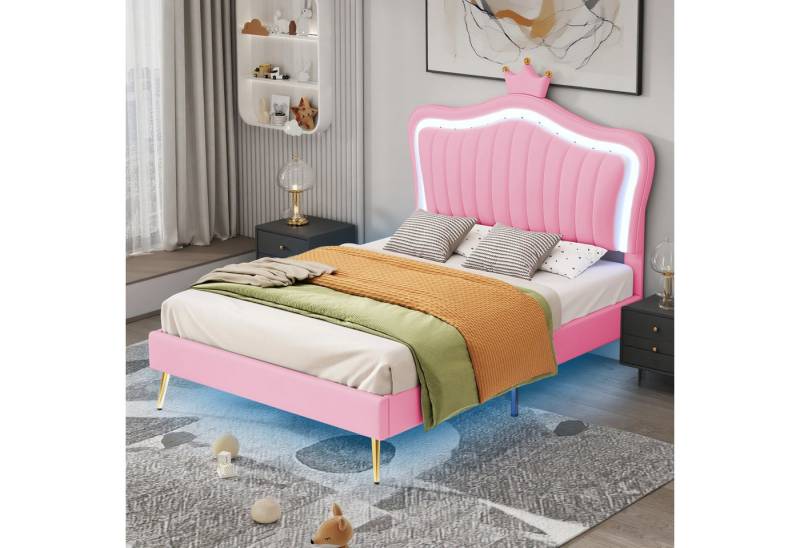MODFU Polsterbett Kinderbett mit LED-Lichtern (mit Krone & Muschel-Design, Lattenrost & Verstellbare Rückenlehne, 90x200 cm), Inklusive Matratze von MODFU